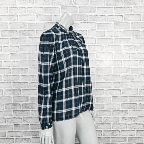 Trovata Birds of Paradis Mock Neck Blouse Green Plaid Cotton size Large - Picture 3 of 9